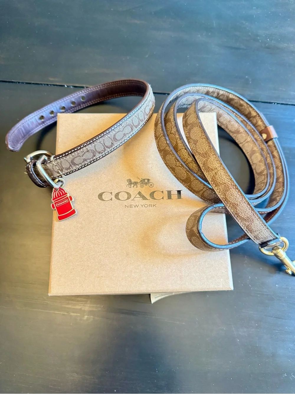 COACH Signature Canvas Dog Collar & Leash Coordinating Set Small Brown Saddle
